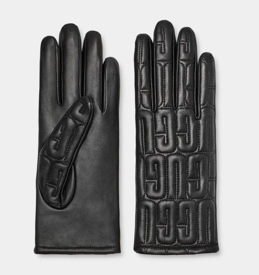 UGG Women's Black Leather Quilted Logo Gloves
