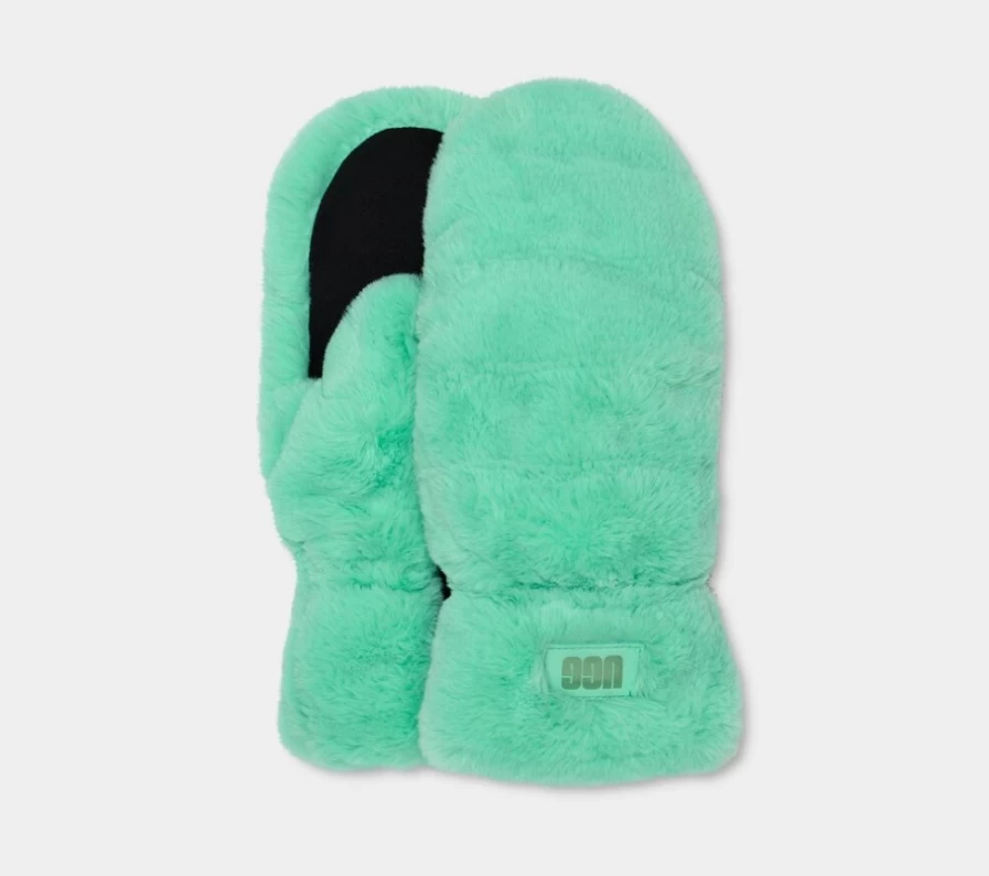 UGG Women's Pale Emerald Quilted Faux Fur Winter Mittens