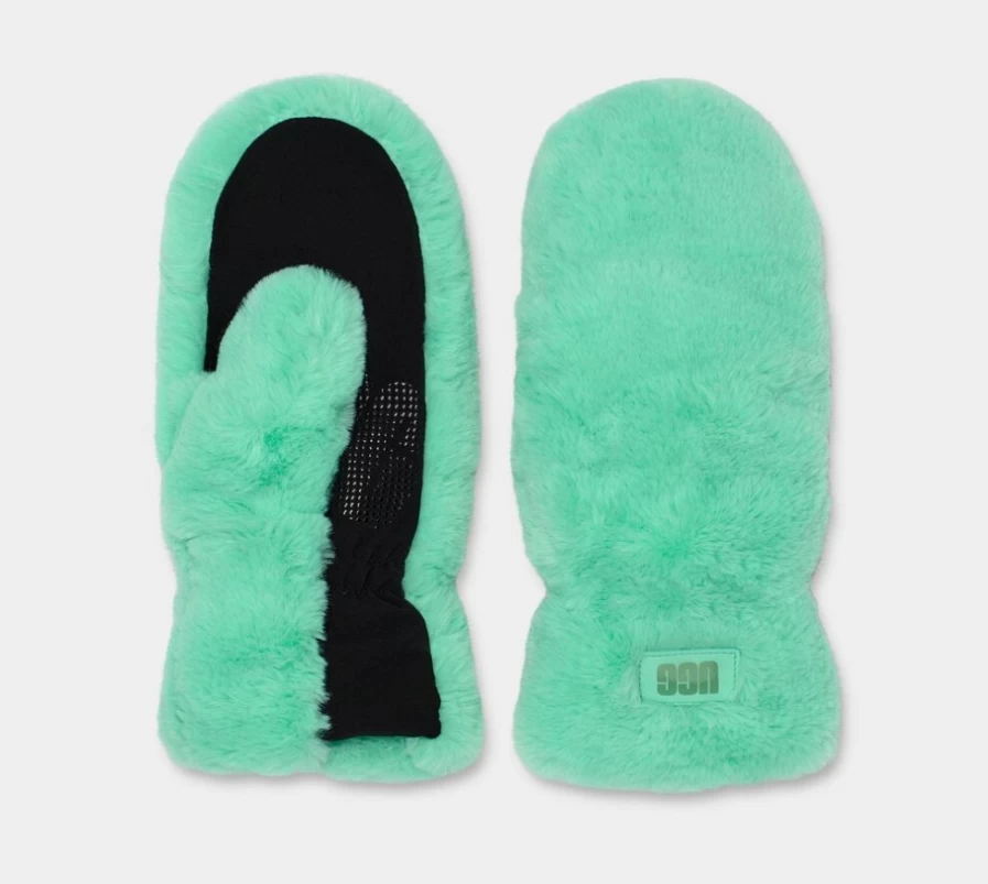 UGG Women's Pale Emerald Quilted Faux Fur Winter Mittens