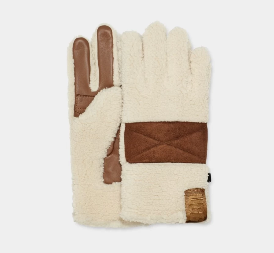 UGG Men's Cream Sherpa Glove with Palm Patch - Winter Warm Fleece Lined Handwear