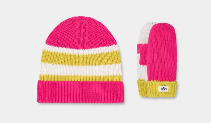 UGG Neon Pink Multi Color Block Beanie & Glove Set for Toddlers & Big Kids